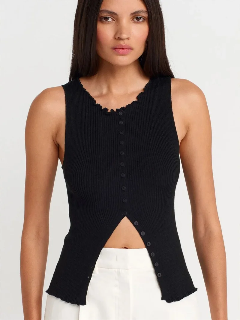 ديلفين DILVIN Sleeveless Ribbed Button Cardigan