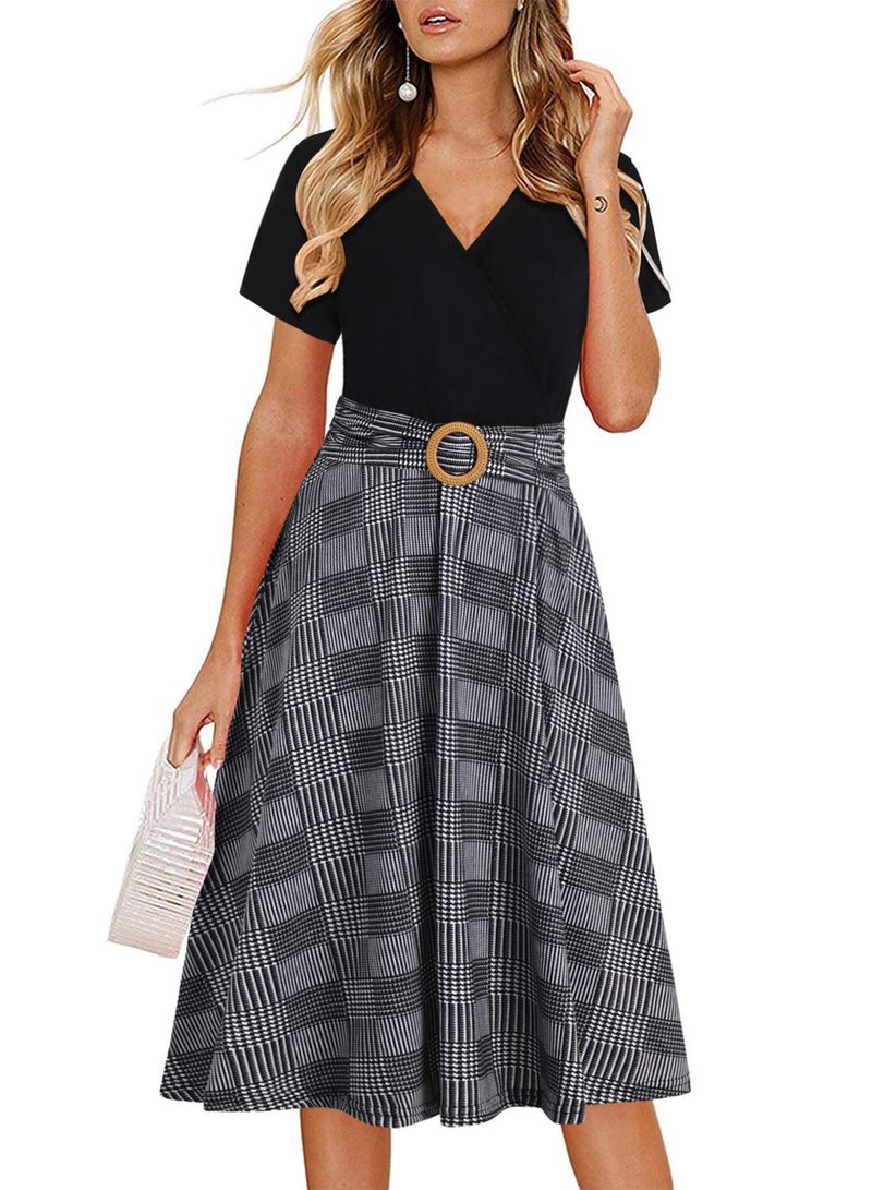 HELYO Women's Elegant Criss-Cross V Neck Vintage Short Sleeve Work Casual Party Swing Tea Dress with Pockets 980 (XL, Black Plaid) - Image 1