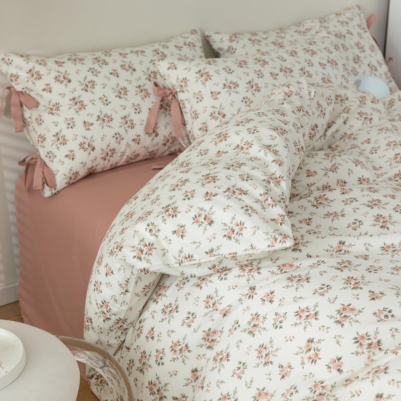 mixinni Vintage Style Girls Pale Pink Flower Pattern Duvet Cover Twin Soft Aesthetic Floral Cotton Bedding Set 1 Duvet Cover with 2 Bow Tie Pillowcases for Women-Twin Size - Image 1