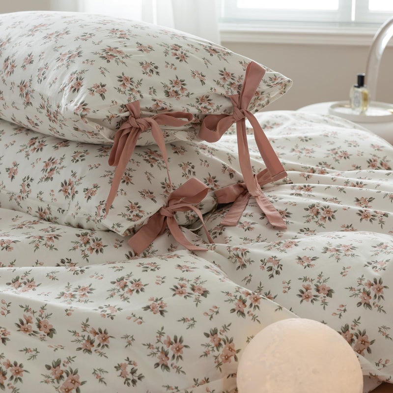 mixinni Vintage Style Girls Pale Pink Flower Pattern Duvet Cover Twin Soft Aesthetic Floral Cotton Bedding Set 1 Duvet Cover with 2 Bow Tie Pillowcases for Women-Twin Size - Image 3