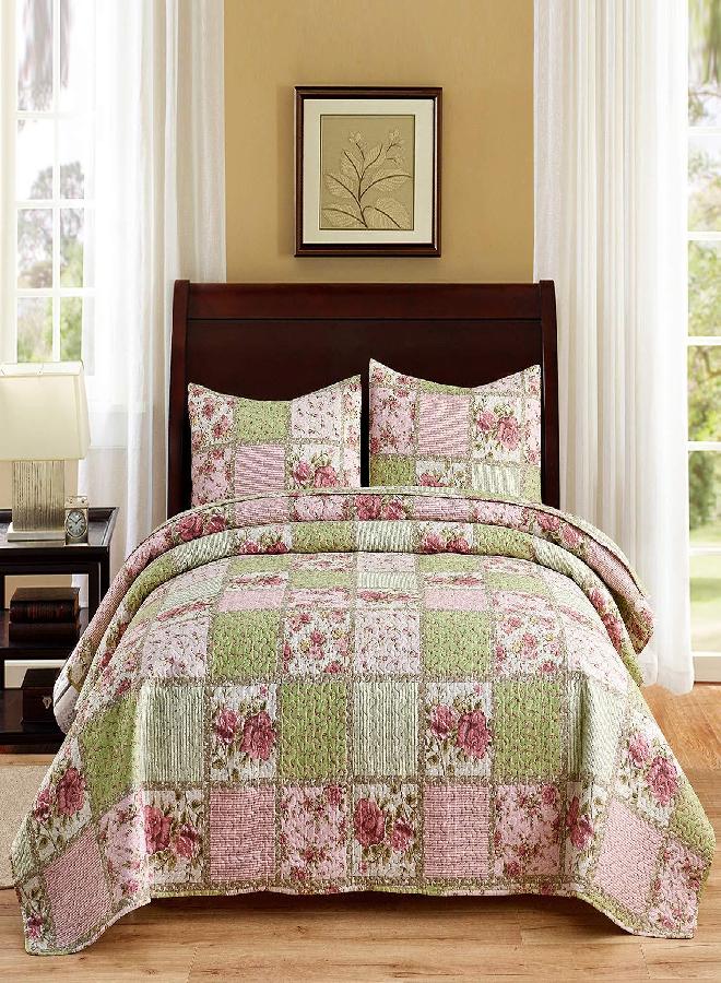 JML Quilt Set, 3 Pieces Bedspread Coverlet Cover - Soft Brushed Microfiber, Lightweight Printed Bedspread Set (Garden Pattern, King 92"x104") - Image 1