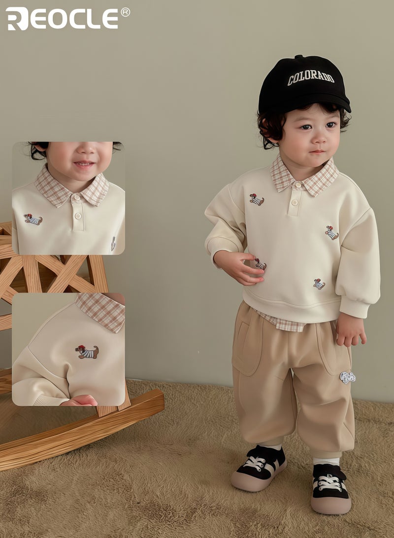 ريوكل قميص موضة الأطفال بطبعة كلب مع تصميم بحبكات مع تقليد قطعة مزدوجة تيشيرت كاجوال مع قماش ناعم للطبقات في الخريف - Image 4