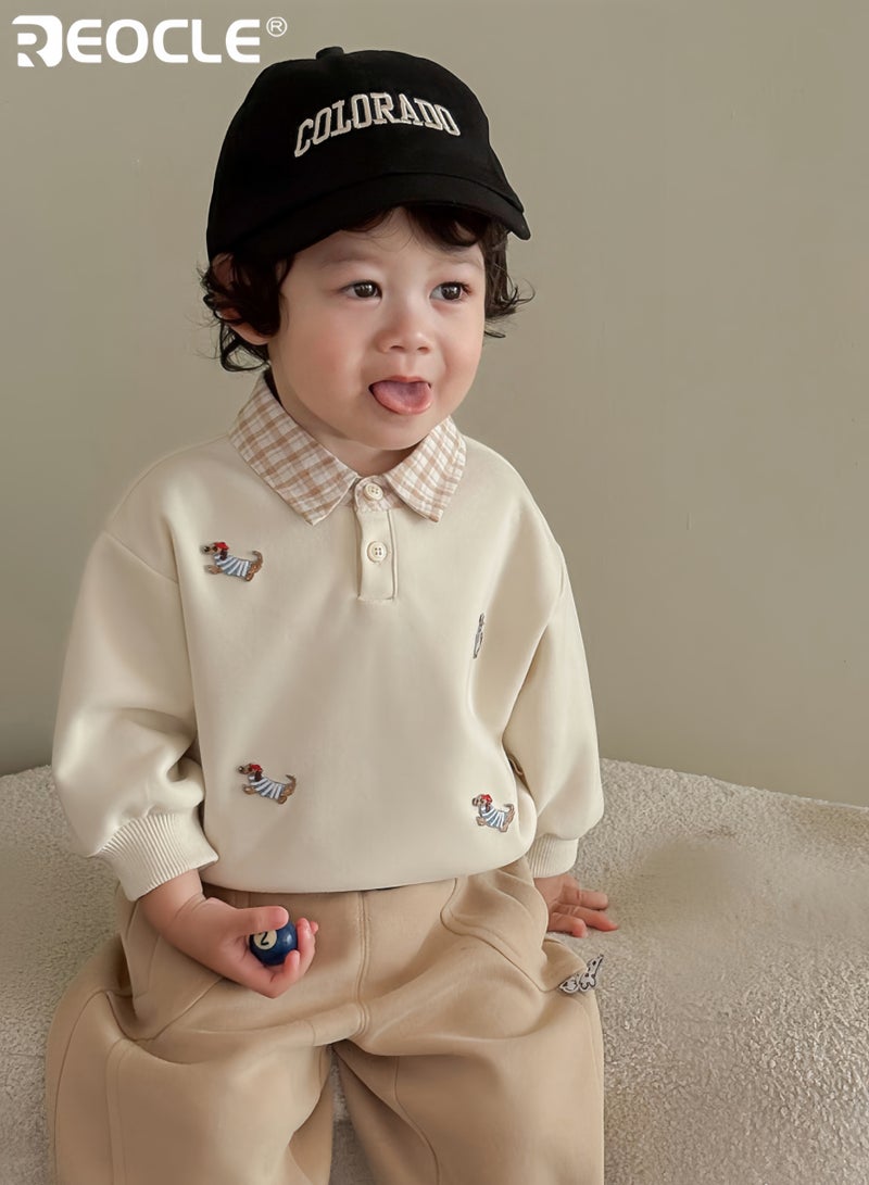 ريوكل قميص موضة الأطفال بطبعة كلب مع تصميم بحبكات مع تقليد قطعة مزدوجة تيشيرت كاجوال مع قماش ناعم للطبقات في الخريف - Image 3