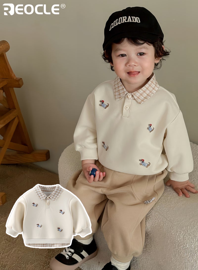 ريوكل قميص موضة الأطفال بطبعة كلب مع تصميم بحبكات مع تقليد قطعة مزدوجة تيشيرت كاجوال مع قماش ناعم للطبقات في الخريف - Image 1