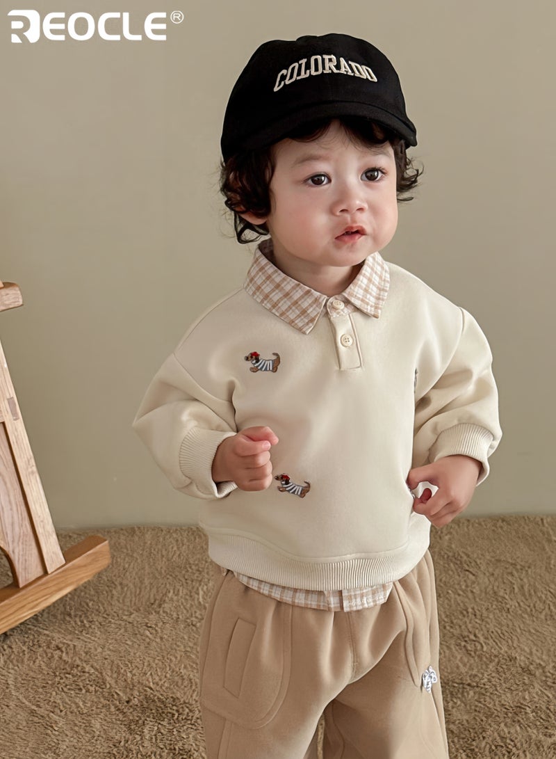 ريوكل قميص موضة الأطفال بطبعة كلب مع تصميم بحبكات مع تقليد قطعة مزدوجة تيشيرت كاجوال مع قماش ناعم للطبقات في الخريف - Image 2