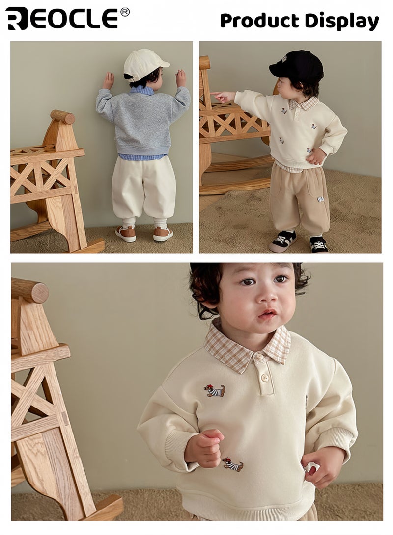 ريوكل قميص موضة الأطفال بطبعة كلب مع تصميم بحبكات مع تقليد قطعة مزدوجة تيشيرت كاجوال مع قماش ناعم للطبقات في الخريف - Image 5