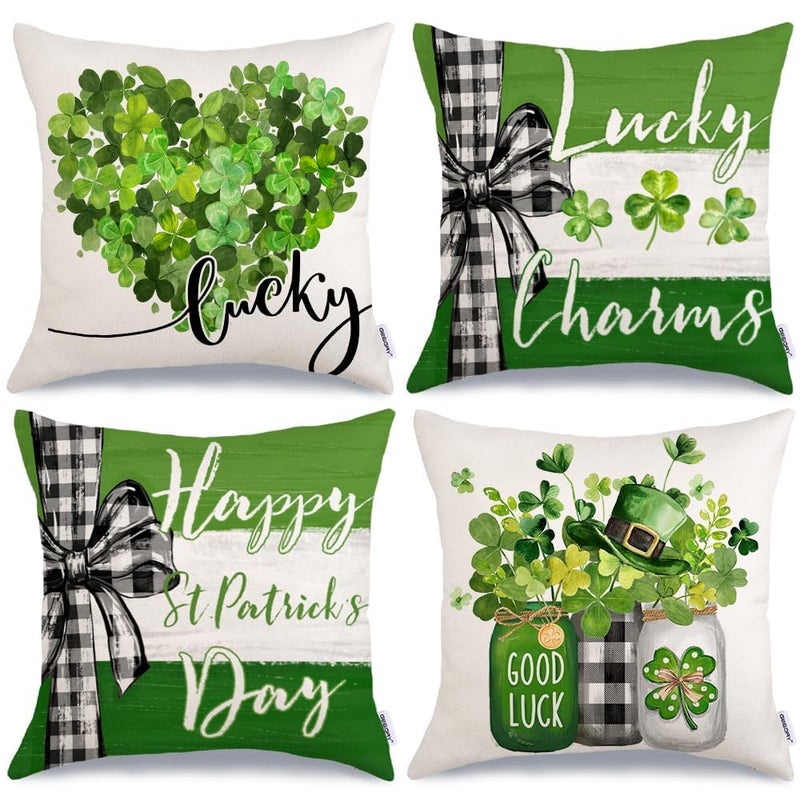 GEEORY أغطية وسائد عيد القديس باتريك من جيوري، مقاس 18 × 18 بوصة، طقم من 4 قطع، بنقشة قلب شامروك أخضر، وزينة حظ، ونقشة مربعات الجاموس، وأغطية وسائد منزلية ريفية لتزيين الأرائك والكنب G439-18 - Image 1