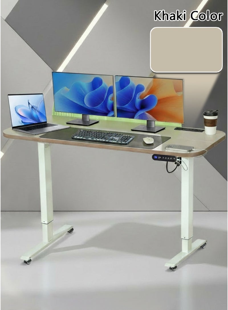 MWS-ForCamping Smart Electric Standing Desk, 140x60cm, Khaki Solid Wood Top with Height Memory, 20W Fast Charging & Quiet Motor, Privacy Screen and Built-in Outlets for Home Office - Image 1