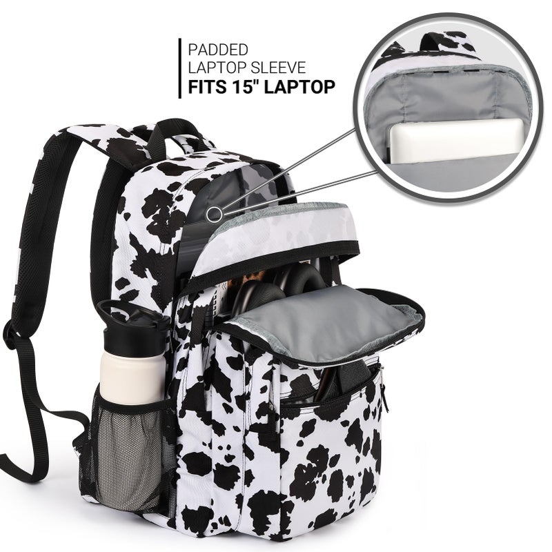 ZORFIN 26L Backpack for College, and Travel: Water Resistant Bookbag - Cow Print Black - Image 4
