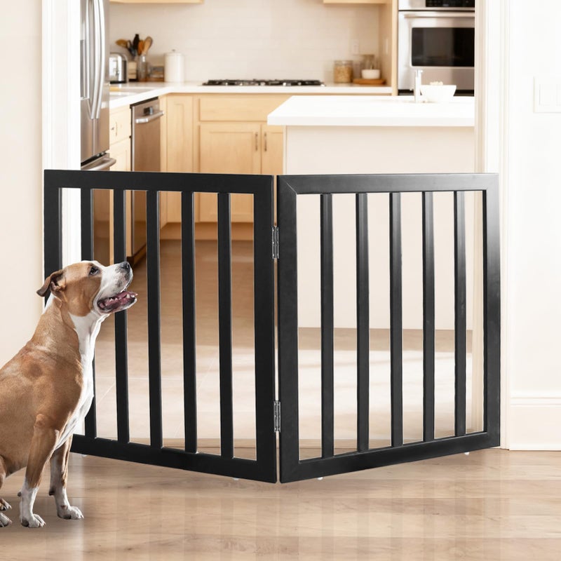 ZJSF Freestanding Indoor Dog Gate for House Foldable Wood Grey Puppy Gate for Doorways Pet Gate for Stairs Extra Wide Pet Fence 24" Height 2 Panels - Image 2