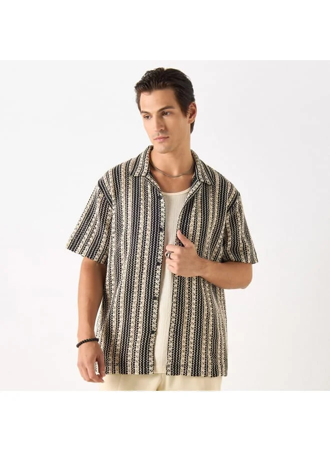 Iconic Iconic Textured Shirt with Camp Collar and Short Sleeves