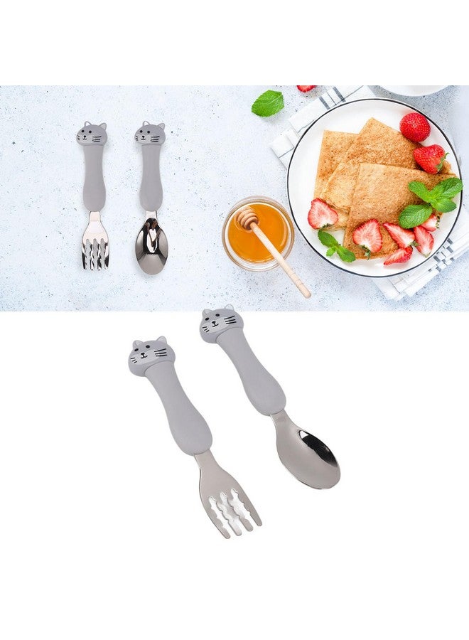 Fdit Fork Cute Cartoon Shaped Spoon, 304 Stainless Steel Tableware Animal Fork and Spoon Two Piece Set for Feeding Training (Cat) - Image 1