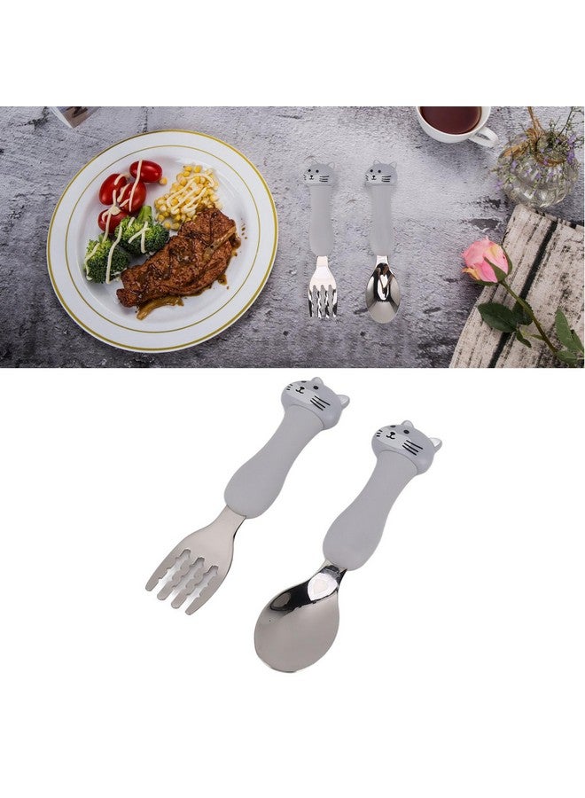 Fdit Fork Cute Cartoon Shaped Spoon, 304 Stainless Steel Tableware Animal Fork and Spoon Two Piece Set for Feeding Training (Cat) - Image 3