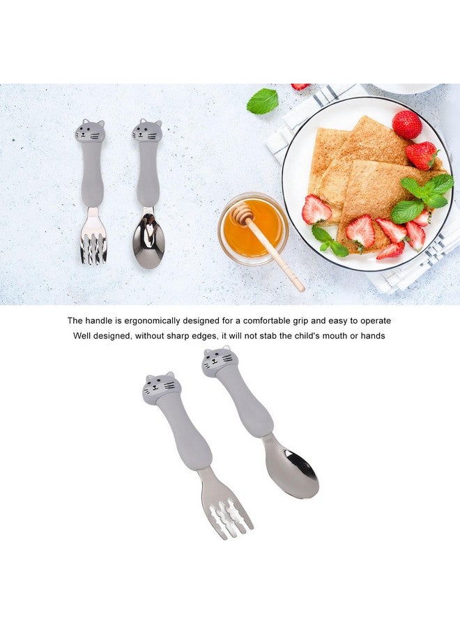 Fdit Fork Cute Cartoon Shaped Spoon, 304 Stainless Steel Tableware Animal Fork and Spoon Two Piece Set for Feeding Training (Cat) - Image 2