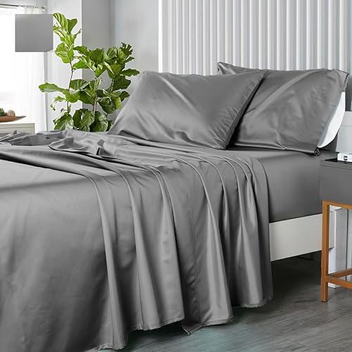 Royal Hotel Bedding Royal Hotel Bedding SplitKing Adjustable King Bed Sheets Solid Gray 600ThreadCount 5pc Bed Sheet Set 100Percent Cotton Sateen Solid Deep Pocket 
