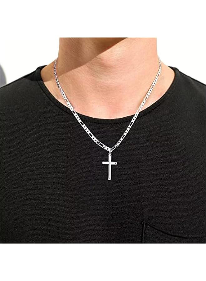 Arabest S925 Sterling Silver Cross Pendant Cross Necklace for Men, Mens Cross Necklace 18K Gold Plated Silver Black Figaro Chain Necklace for Men Women 16 18 20 22 24 Inch Cross Necklace - Image 2