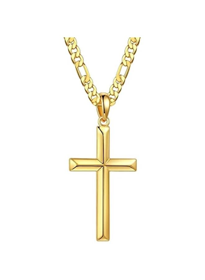 Arabest S925 Sterling Silver Cross Pendant Cross Necklace for Men, Mens Cross Necklace 18K Gold Plated Silver Black Figaro Chain Necklace for Men Women 16 18 20 22 24 Inch Cross Necklace - Image 1