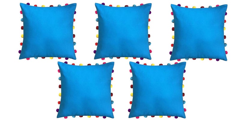 Lushomes Cushion Cover 18x18 Boho Cushion Covers Sofa Pillow Cover Cushion Covers with Tassels Cushion Cover with pom pom 18x18 Inches Set of 5 Blue - Image 1