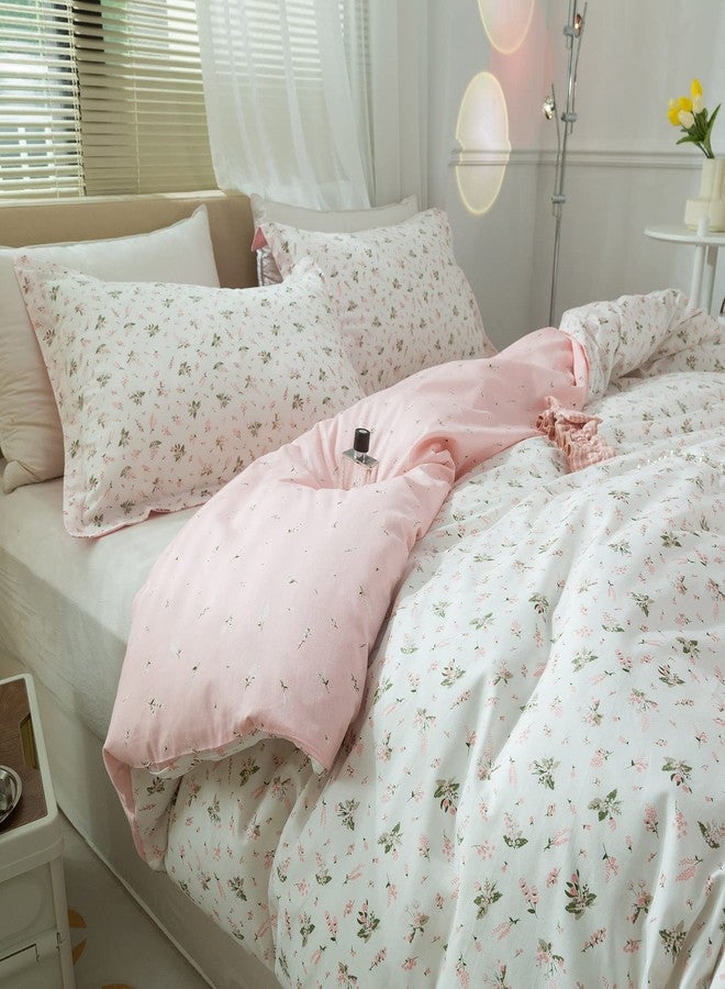 AMWAN Pink Floral Duvet Cover Full Size Cotton Garden Bedding Sets Kids Girls White Comforter Aesthetic Botanical Vintage Flower Print with Zipper Ties, Full (80''x90'') - Image 3