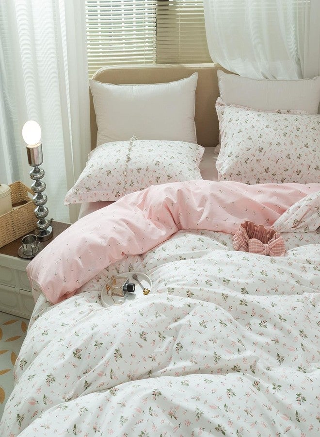 AMWAN Pink Floral Duvet Cover Full Size Cotton Garden Bedding Sets Kids Girls White Comforter Aesthetic Botanical Vintage Flower Print with Zipper Ties, Full (80''x90'') - Image 4