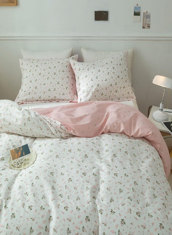 AMWAN Pink Floral Duvet Cover Full Size Cotton Garden Bedding Sets Kids Girls White Comforter Aesthetic Botanical Vintage Flower Print with Zipper Ties, Full (80''x90'') - Image 1