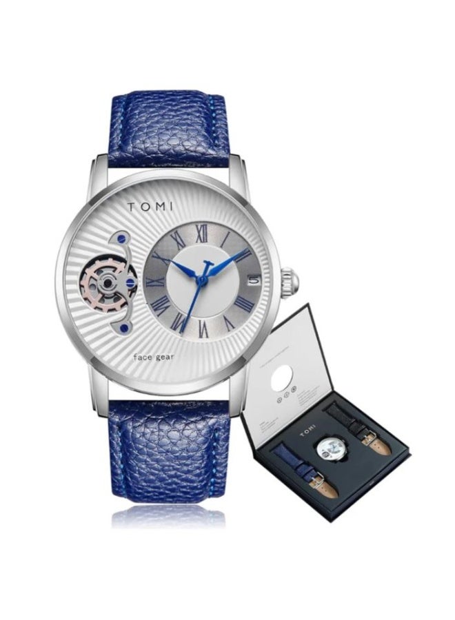 TOMI Face Gear Men’s Luxury Watch – Blue Leather Strap, Semi-Skeleton Dial, Quartz Movement, Gift Set with Extra Strap - Image 1