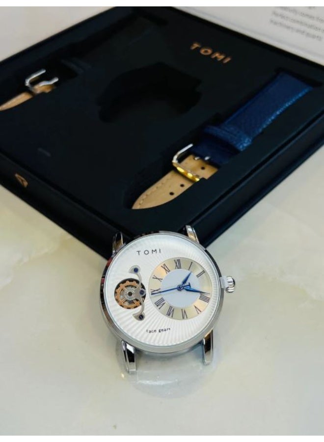 TOMI Face Gear Men’s Luxury Watch – Blue Leather Strap, Semi-Skeleton Dial, Quartz Movement, Gift Set with Extra Strap - Image 3