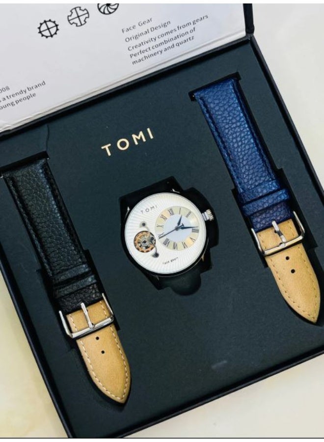 TOMI Face Gear Men’s Luxury Watch – Blue Leather Strap, Semi-Skeleton Dial, Quartz Movement, Gift Set with Extra Strap - Image 4