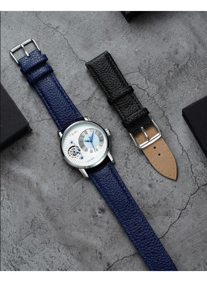 TOMI Face Gear Men’s Luxury Watch – Blue Leather Strap, Semi-Skeleton Dial, Quartz Movement, Gift Set with Extra Strap - Image 2