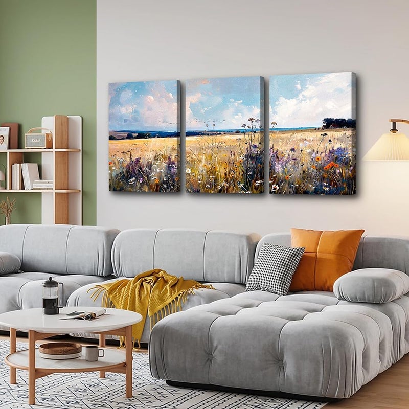 TTHYUEWS Wall Art For Bedroom Canvas Wall Decor For Living Room Field Scenery Wall Paintings Abstract Wall Pictures Office Decorations Framed Prints Artworks Modern Bathroom Room Home Decor 3 Piece - Image 2