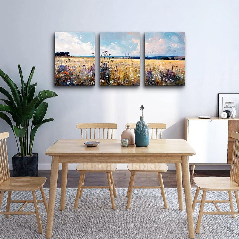 TTHYUEWS Wall Art For Bedroom Canvas Wall Decor For Living Room Field Scenery Wall Paintings Abstract Wall Pictures Office Decorations Framed Prints Artworks Modern Bathroom Room Home Decor 3 Piece - Image 3