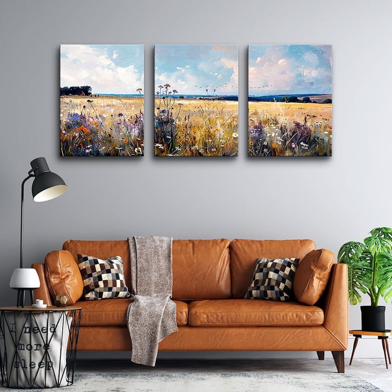 TTHYUEWS Wall Art For Bedroom Canvas Wall Decor For Living Room Field Scenery Wall Paintings Abstract Wall Pictures Office Decorations Framed Prints Artworks Modern Bathroom Room Home Decor 3 Piece - Image 5