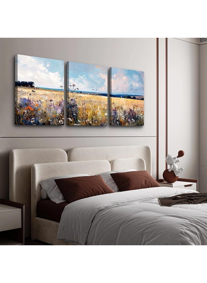 TTHYUEWS Wall Art For Bedroom Canvas Wall Decor For Living Room Field Scenery Wall Paintings Abstract Wall Pictures Office Decorations Framed Prints Artworks Modern Bathroom Room Home Decor 3 Piece - Image 4