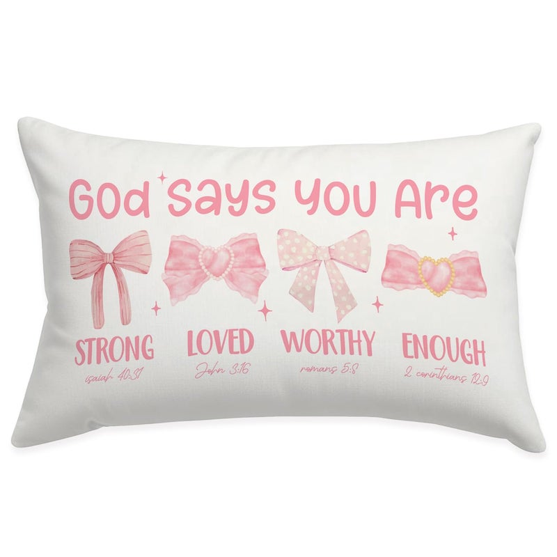 Wheatwin Pink Bow Coquette Christian Throw Pillow Cover 12x20, Bow Decor for Girls Room Dorm, Christian Pillow Cover Gift for Girls Kids Women, Bible Verse Pink Bows Inspirational Affirmations Gifts - Image 1