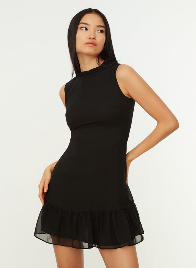 trendyol Black A-line Ruffle Lined Mini Woven Dress  - Image 1