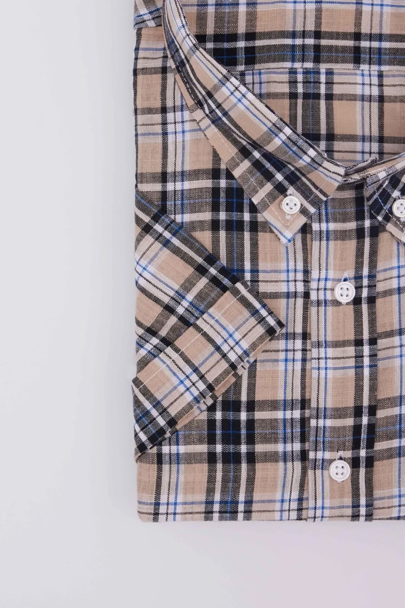 Tudors Plus Size Short Sleeve Button Collar Checked Linen Cotton Men's Shirt
