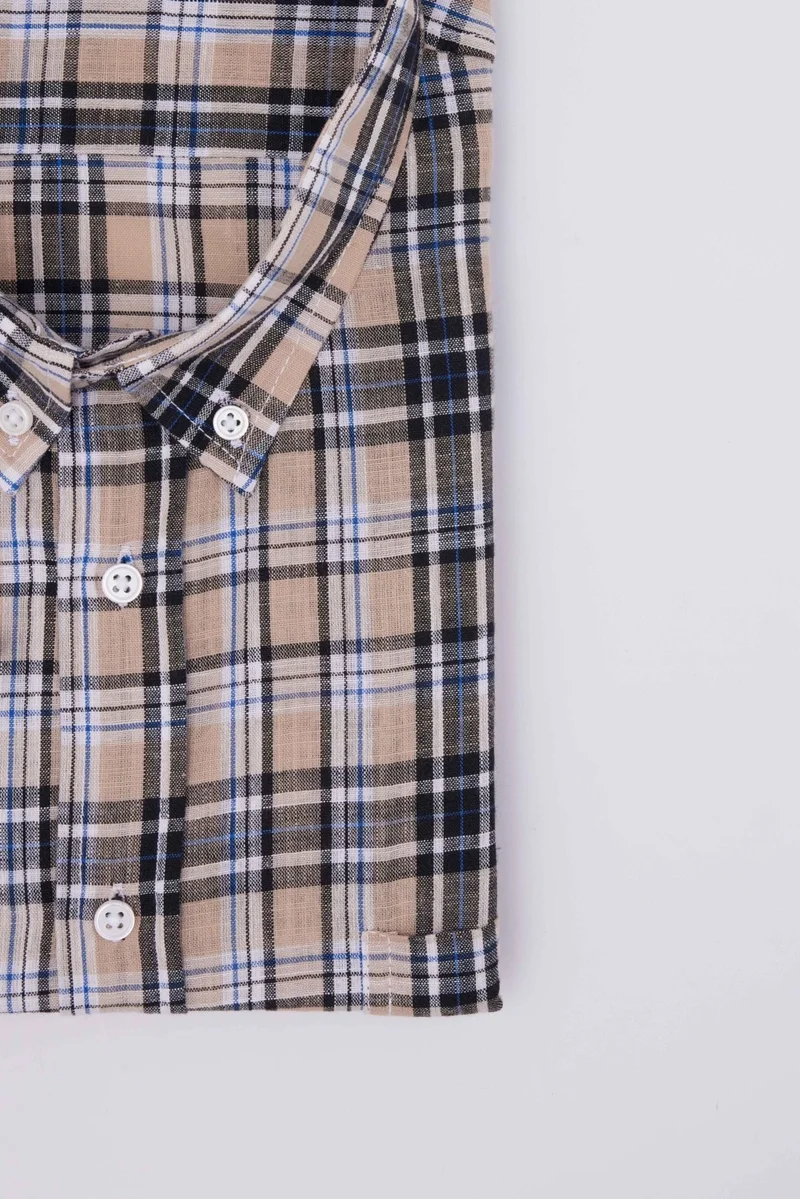 Tudors Plus Size Short Sleeve Button Collar Checked Linen Cotton Men's Shirt