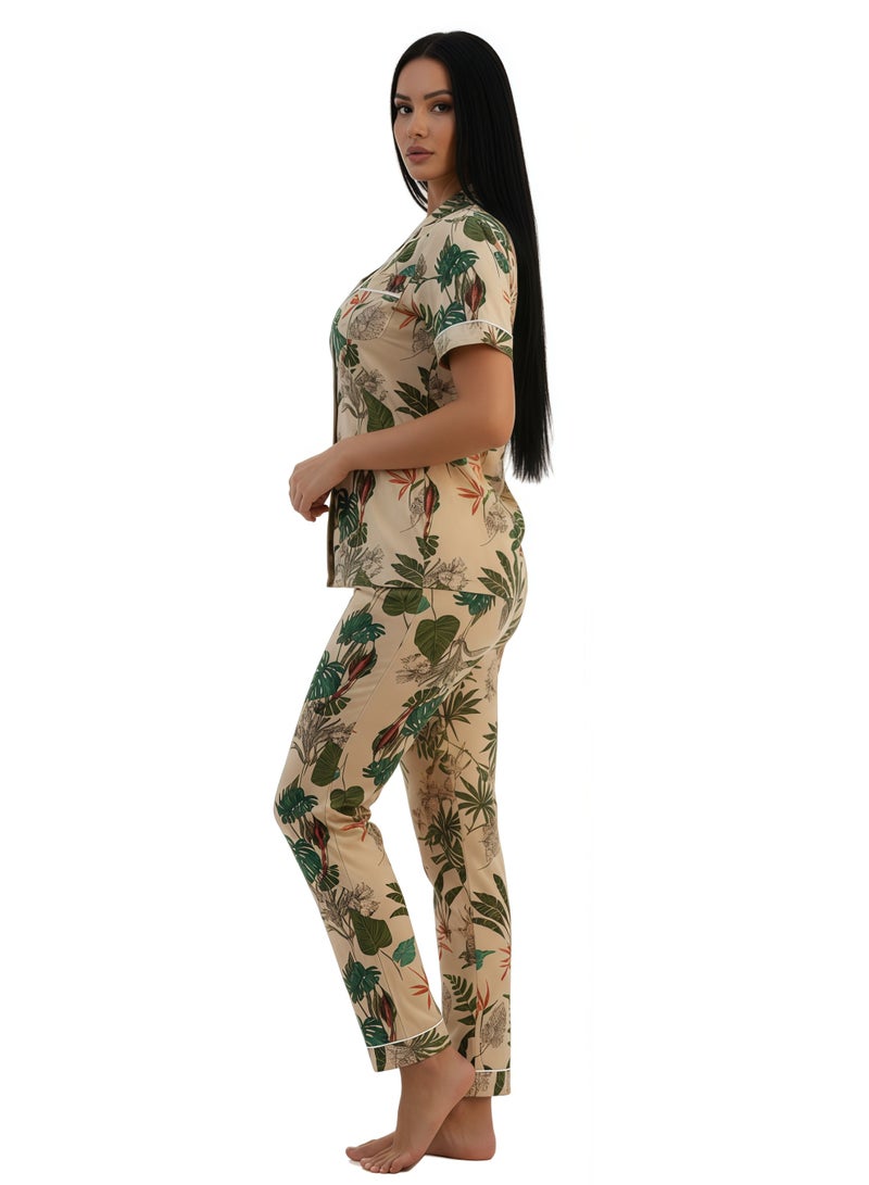 جوانا طقم بيجاما نسائي بتصميم أوراق، قميص بأزرار نصف كم وبنطال طويل - أصفر - Image 5