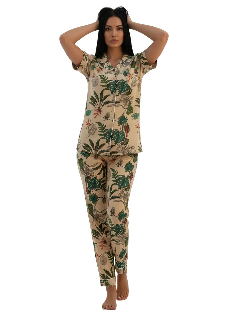 جوانا طقم بيجاما نسائي بتصميم أوراق، قميص بأزرار نصف كم وبنطال طويل - أصفر - Image 3