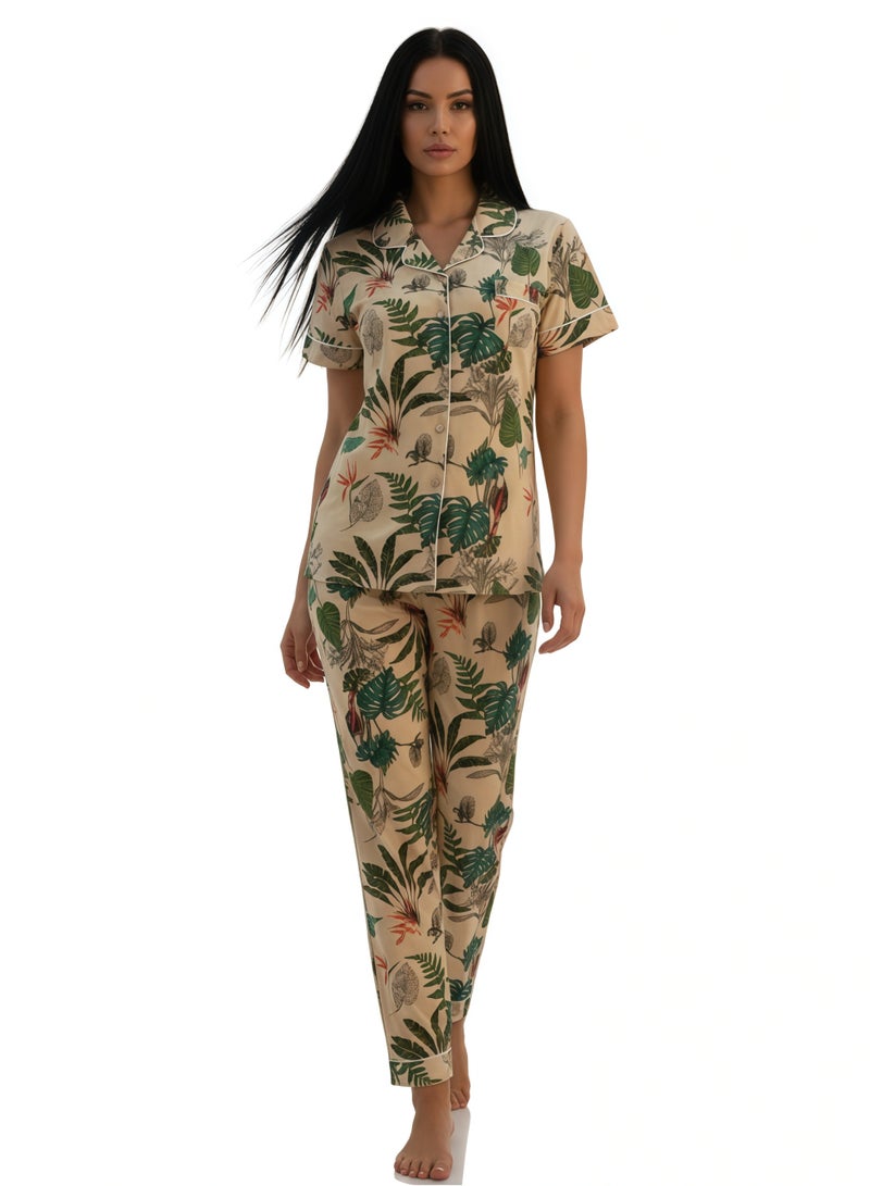 جوانا طقم بيجاما نسائي بتصميم أوراق، قميص بأزرار نصف كم وبنطال طويل - أصفر - Image 2