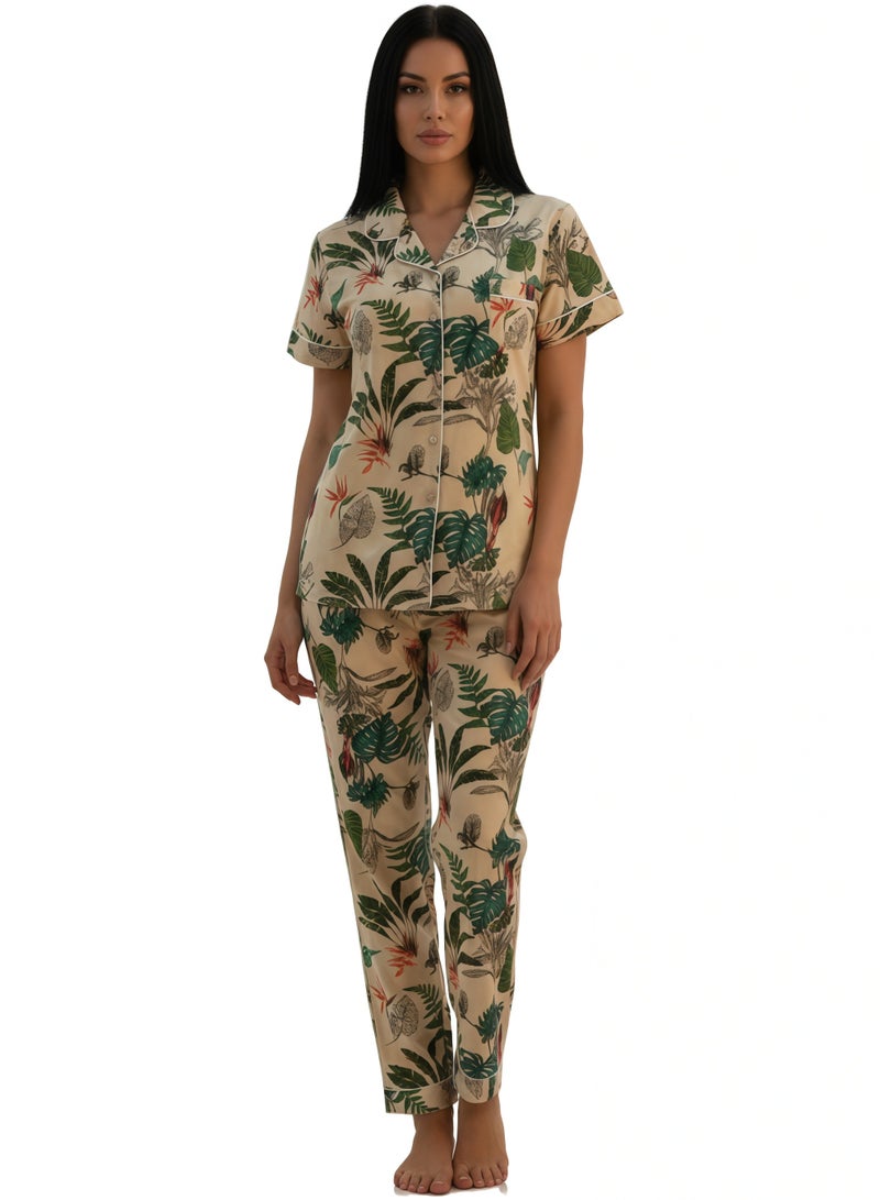 جوانا طقم بيجاما نسائي بتصميم أوراق، قميص بأزرار نصف كم وبنطال طويل - أصفر - Image 1