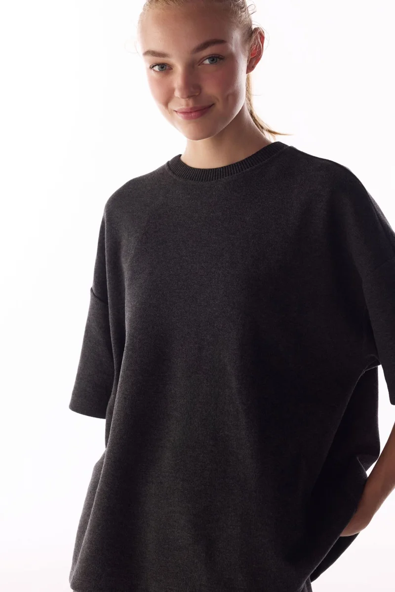 Penti PENTI Warm Melange Pattern Short Sleeve Oversize Blouse