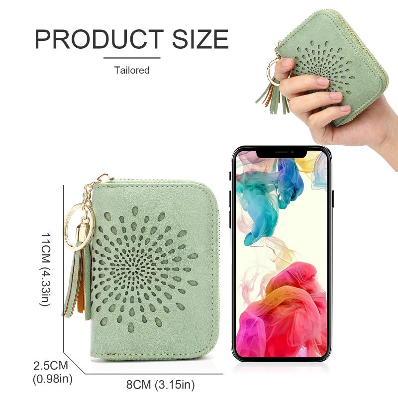 APHISON APHISON RFID Credit Card Holder Zipper Card Case Keychain Small Wallet for Women 1927 GREEN  - Image 5