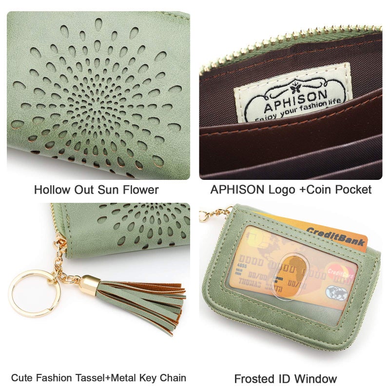 APHISON APHISON RFID Credit Card Holder Zipper Card Case Keychain Small Wallet for Women 1927 GREEN  - Image 4