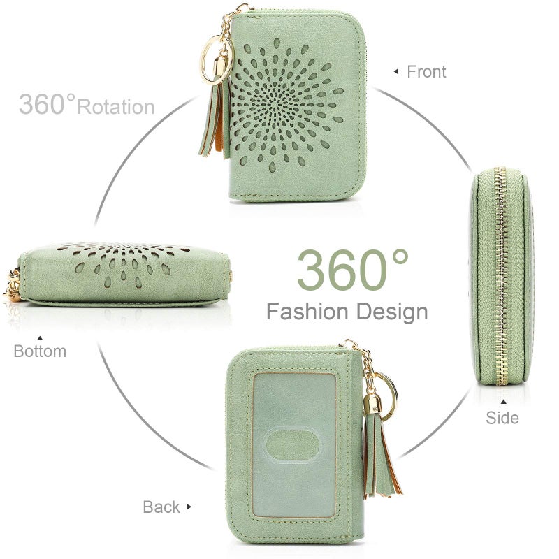 APHISON APHISON RFID Credit Card Holder Zipper Card Case Keychain Small Wallet for Women 1927 GREEN  - Image 2