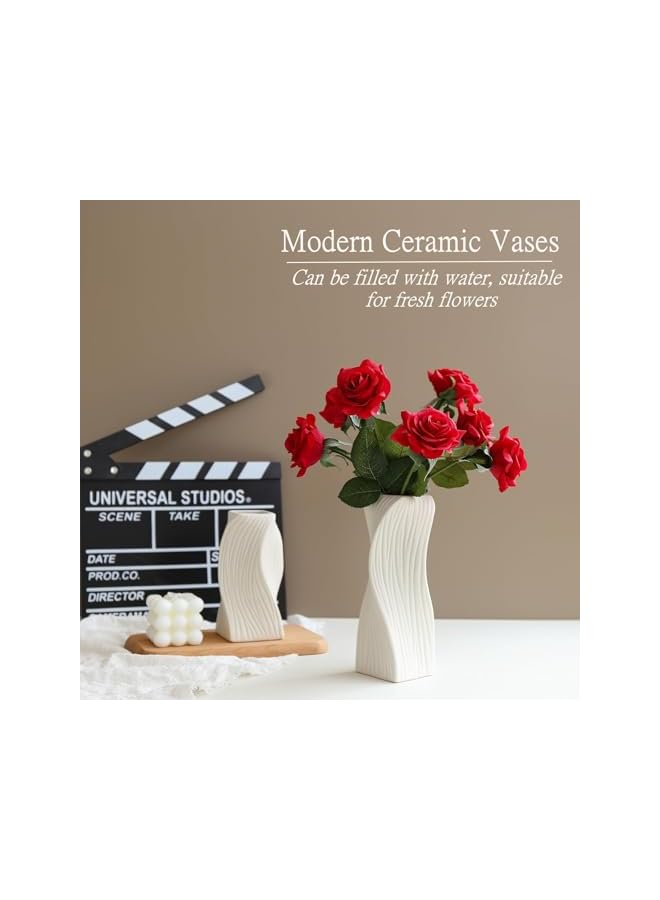 The Bros White Ceramic Vase, Modern White Ceramic Flower Vases, Set of 2, Geometric Ribbed Fluted Textured Vases Pampas Grass Neutral Nordic Boho Minimalist Flower Vase, for Modern Home Decor - Image 2