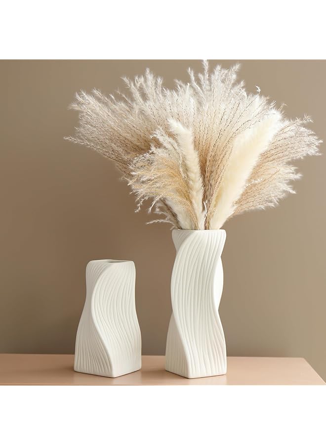 The Bros White Ceramic Vase, Modern White Ceramic Flower Vases, Set of 2, Geometric Ribbed Fluted Textured Vases Pampas Grass Neutral Nordic Boho Minimalist Flower Vase, for Modern Home Decor - Image 1
