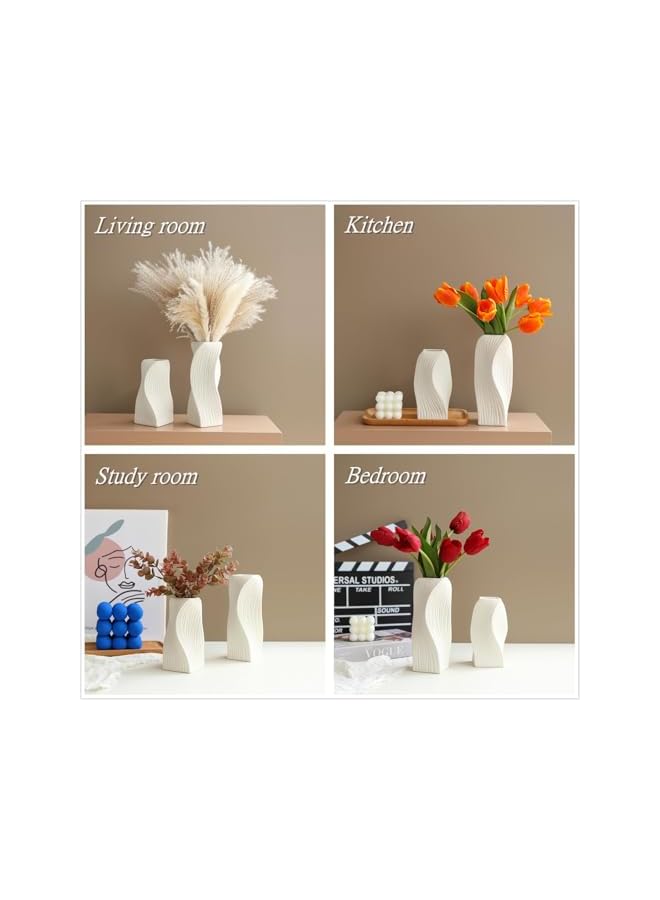 The Bros White Ceramic Vase, Modern White Ceramic Flower Vases, Set of 2, Geometric Ribbed Fluted Textured Vases Pampas Grass Neutral Nordic Boho Minimalist Flower Vase, for Modern Home Decor - Image 5