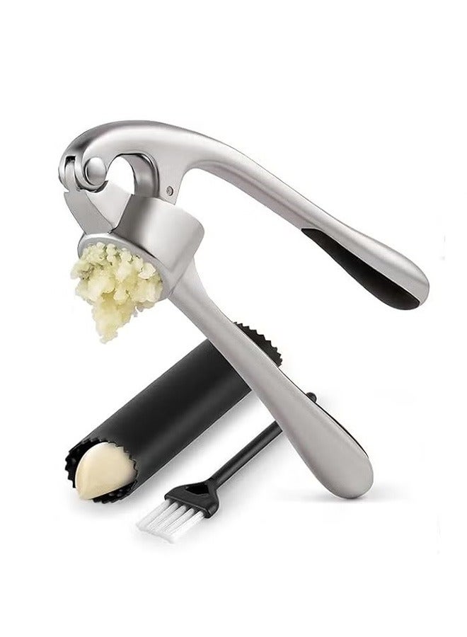 Bukela Premium Garlic Press Set - Rustproof and Dishwasher Safe - Professional Garlic Mincer Tool - Easy to Squeeze, Easy to Clean - Soft, Ergonomic Handle - Includes Silicone Garlic Peeler and Brush - Silv  - Image 1