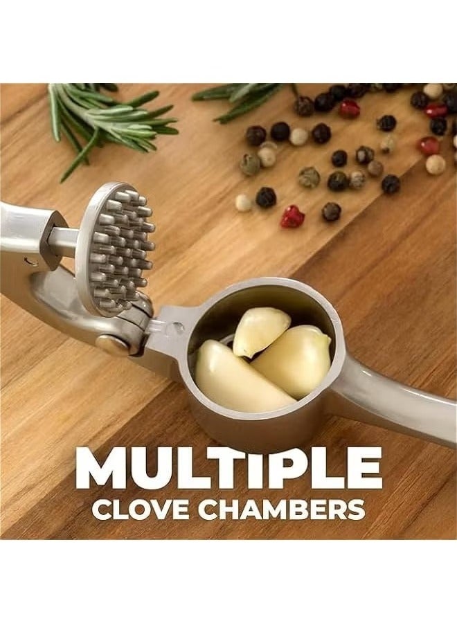 Bukela Premium Garlic Press Set - Rustproof and Dishwasher Safe - Professional Garlic Mincer Tool - Easy to Squeeze, Easy to Clean - Soft, Ergonomic Handle - Includes Silicone Garlic Peeler and Brush - Silv  - Image 4